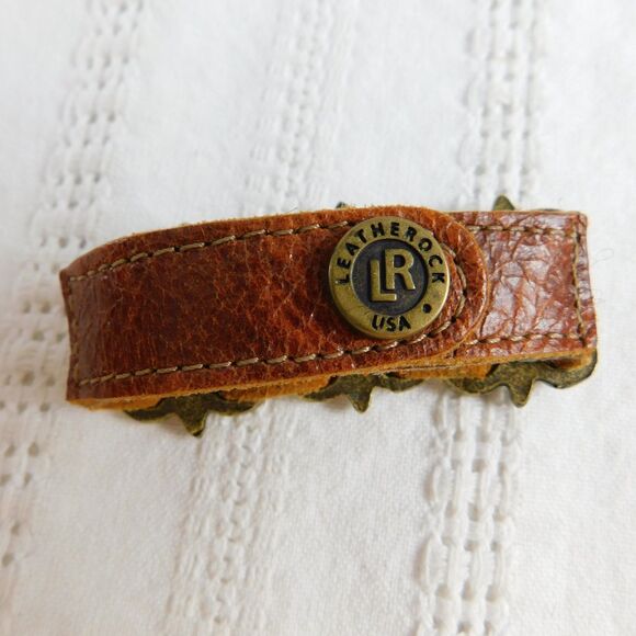 Leatherock USA Brass Genuine Leather Bracelet Cuff Marked LR Brown 7.5" EUC - Picture 7 of 13